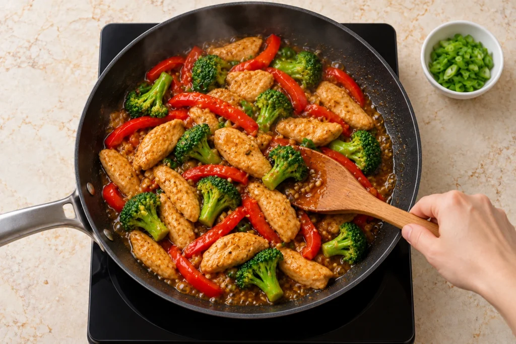Chicken with garlic sauce, broccoli, and red bell peppers being stirred in a skillet with a wooden spatula