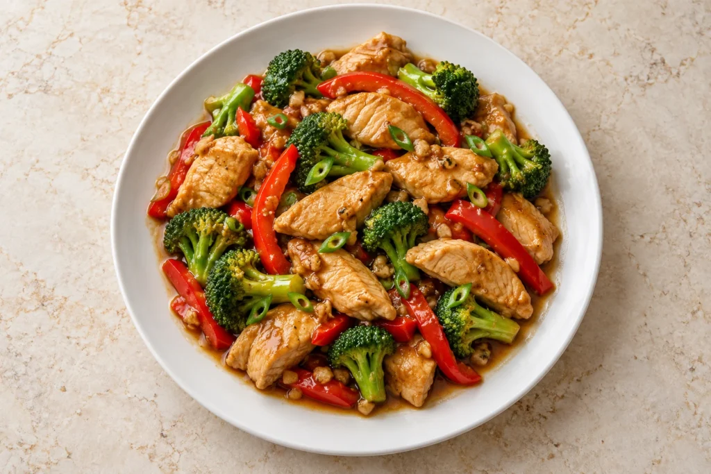 Chicken with garlic sauce, broccoli, and red bell peppers served on a white plate