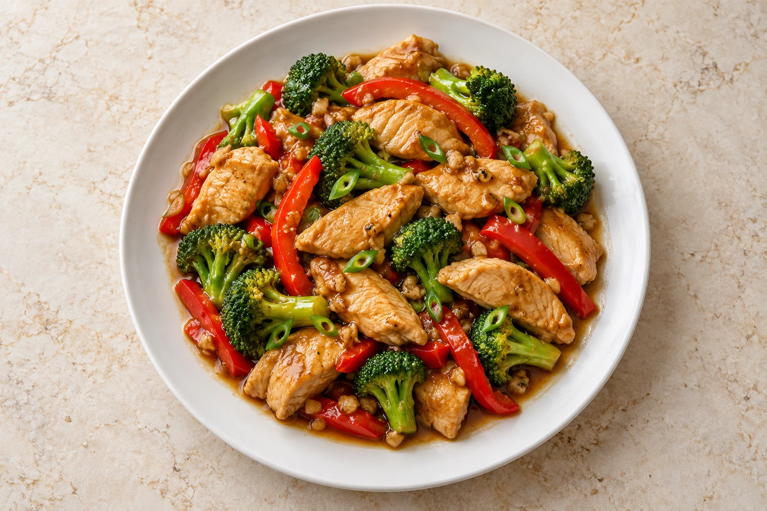 Chicken with garlic sauce, broccoli, and red bell peppers served on a white plate