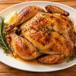 Garlic and herb roast chicken recipe served on a white platter with lemon wedges