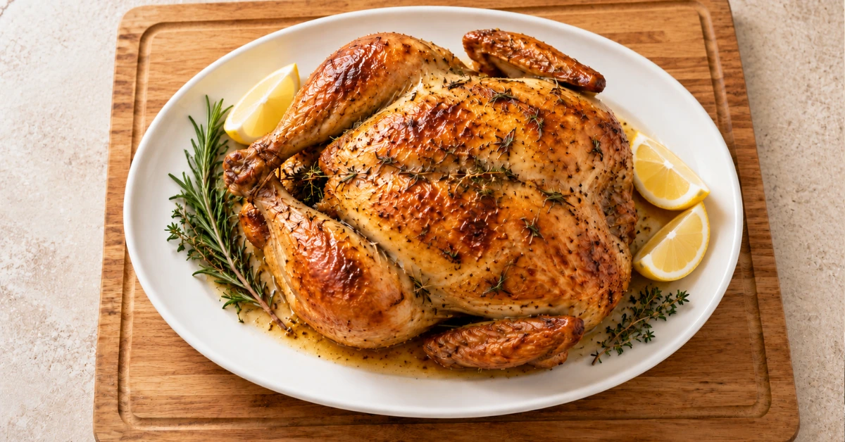 Garlic and herb roast chicken recipe served on a white platter with lemon wedges