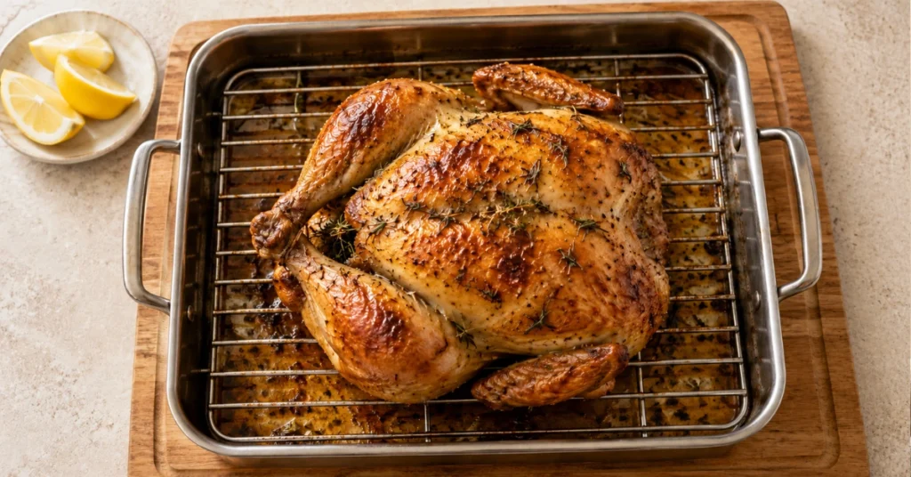 Golden-brown whole chicken on a roasting rack, prepared with this roast chicken recipe