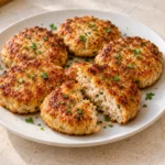 Golden homemade patties on a white plate, prepared with this chicken patty recipe