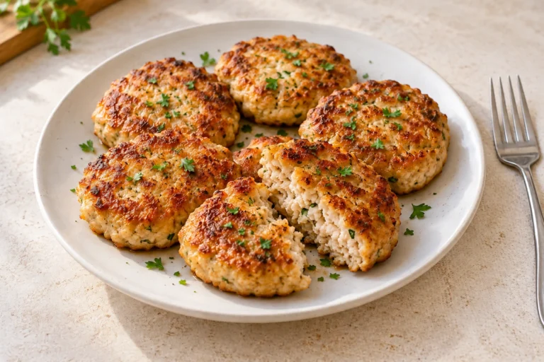 Golden homemade patties on a white plate, prepared with this chicken patty recipe
