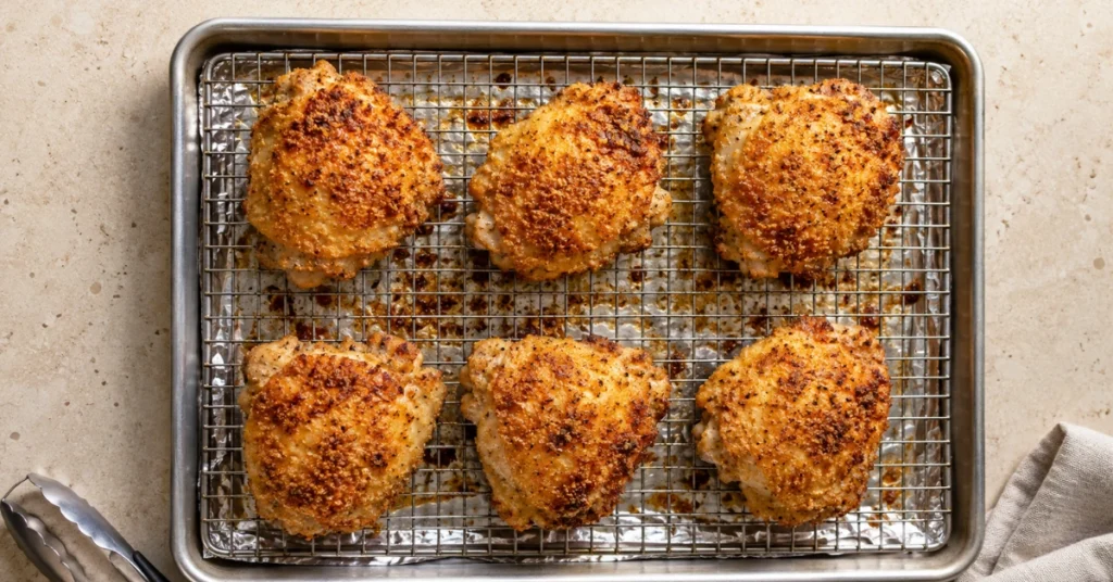 Golden oven fried chicken thighs on a wire rack over a baking sheet