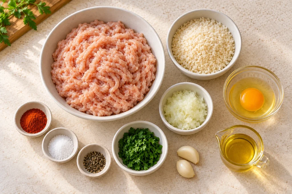 Ground chicken, breadcrumbs, egg, onion, garlic, parsley, and seasonings for the chicken patty recipe