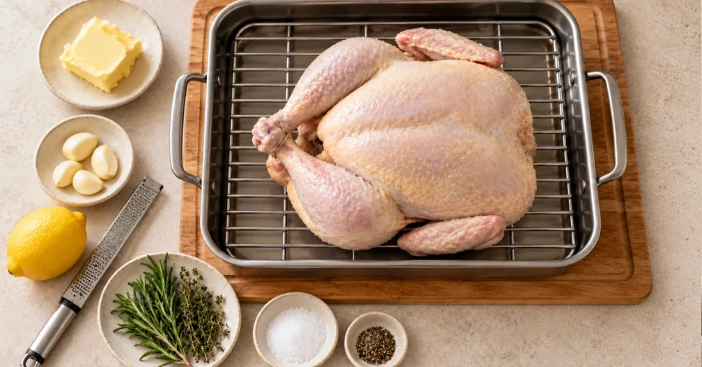 Ingredients for a roast chicken recipe whole chicken, butter, garlic, lemon, herbs, salt, and pepper
