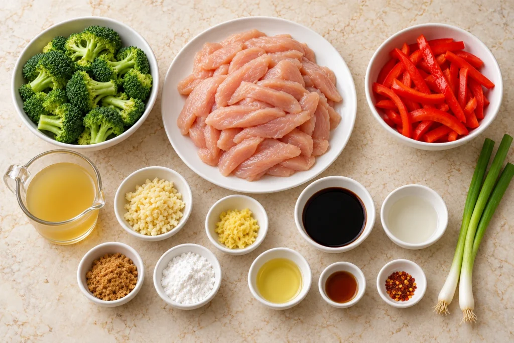 Ingredients for chicken with garlic sauce, including sliced raw chicken, broccoli, bell pepper, garlic, ginger, and seasonings