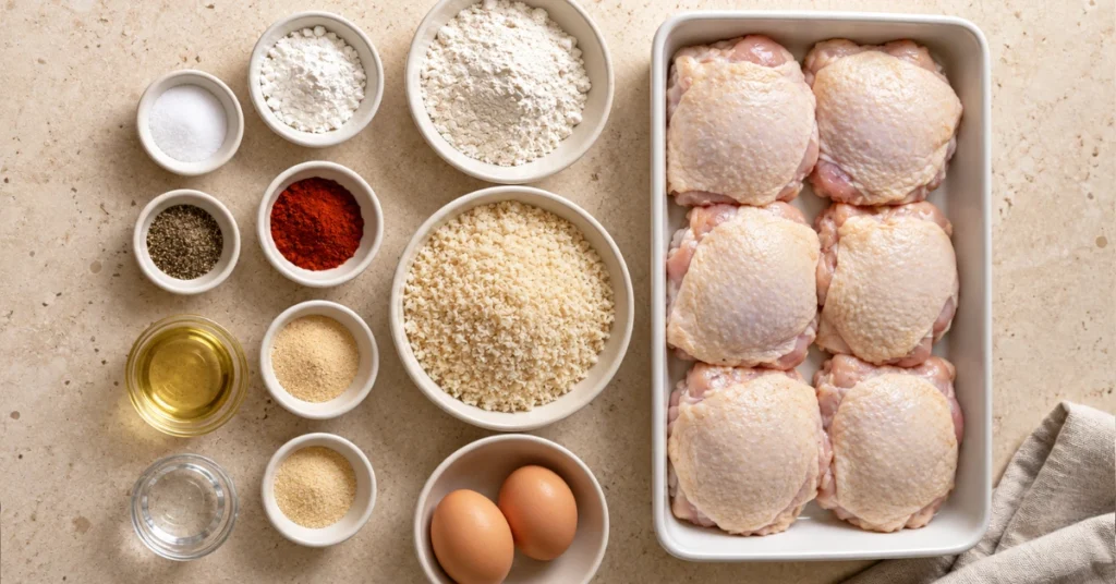 Raw chicken thighs, panko breadcrumbs, flour, eggs, oil, and seasonings arranged on a countertop