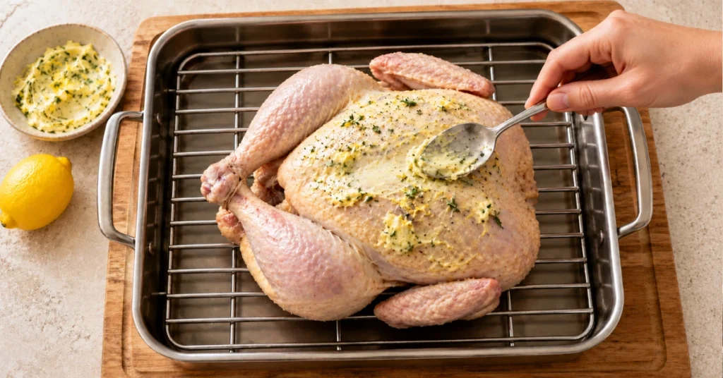 Spreading garlic and herb butter over a whole chicken for this roast chicken recipe