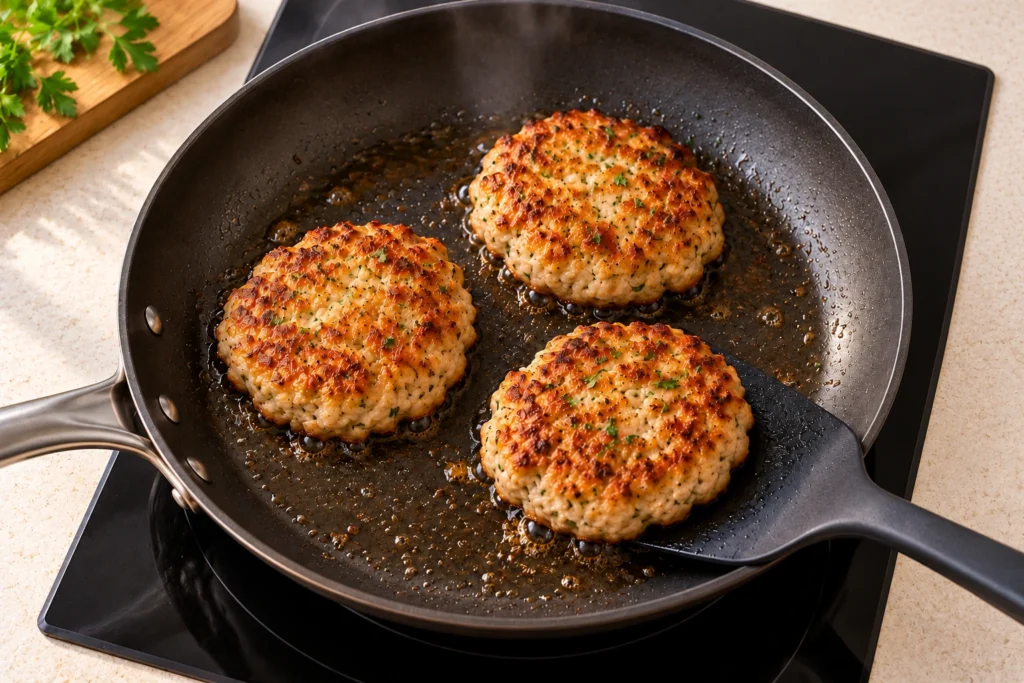 Three golden patties cooking in a nonstick skillet with a spatula, following the chicken patty recipe